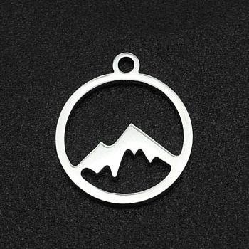 201 Stainless Steel Charms, Laser Cut, Hollow, Ring with Mountain, Stainless Steel Color, 14x12x1mm, Hole: 1.2mm
