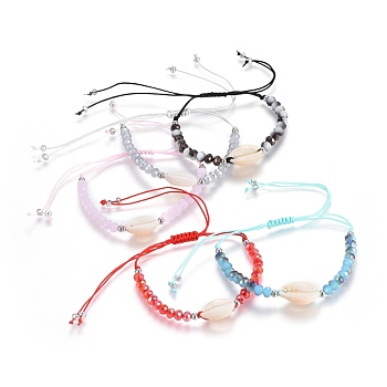 Nylon Cord Braided Bead Bracelets, with Electroplate Glass Faceted Rondelle Beads and Shell, Platinum, Mixed Color, 1-3/4 inch(4.5cm)~4-1/4 inch(10.8cm)