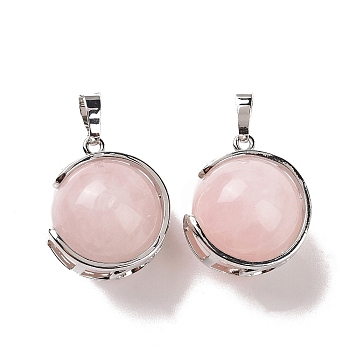 Natural Rose Quartz Pendants, Ball Sphere Charms with Platinum Tone Brass Findings, 24x21x18mm, Hole: 8x5mm