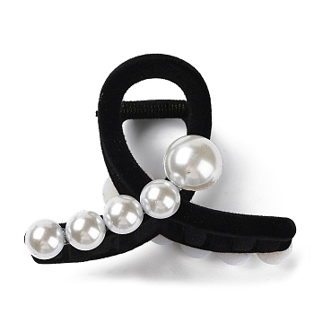 Flocking Plastic Claw Hair Clip, with Plastic Imitation Pearls, for Women Girls Thick Hair, Black, 82x60x47mm