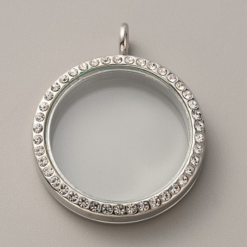 Alloy Crystal Rhinestone Locket Pendants, Double sides with Glass, DIY Accessories for Jewelry Pendant Making, Flat Round, Platinum, 43x35x8mm, Hole: 5mm