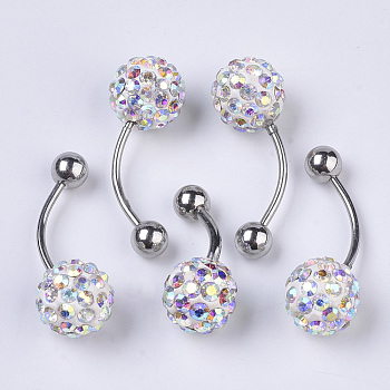 Stainless Steel Body Jewelry, Belly Rings, with Polymer Clay Rhinestones, Round Ball Curved Barbell Navel Rings, Crystal AB, 25~29.5x10mm, Bar Length: 1/2"(12mm), Pin: 17 Gauge(1.2mm), PP11(1.7~1.8mm)