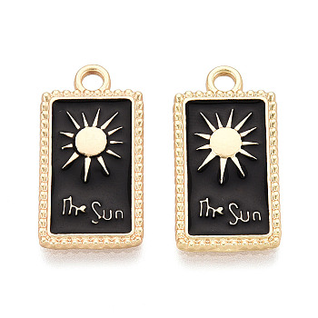Alloy Enamel Pendants, Rectangle & Sun, Cadmium Free & Lead Free, Matte Gold Color, Black, 23x12x2mm, Hole: 2.2mm