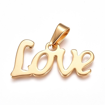 304 Stainless Steel Pendants, Word Love, Golden, 16x34.5x1.5mm, Hole: 10x4.5mm