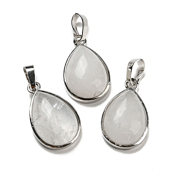 Natural Quartz Crystal Pendants, Rock Crystal Pendants, Teardrop Charms with Platinum Plated Brass Snap on Bails, 24x15x7.5mm, Hole: 4x8mm