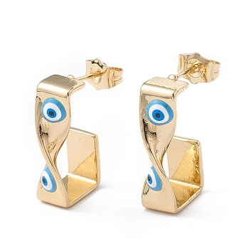 Brass Enamel Evil Eye Stud Earrings, with Ear Nuts, Real 18K Gold Plated Twist Earrings for Women Girls, Deep Sky Blue, 24x12mm, Pin: 1mm