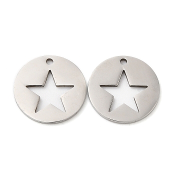 201 Stainless Steel Pendants, Laser Cut, Flat Round with Star Charm, Stainless Steel Color, 15x1mm, Hole: 1.4mm