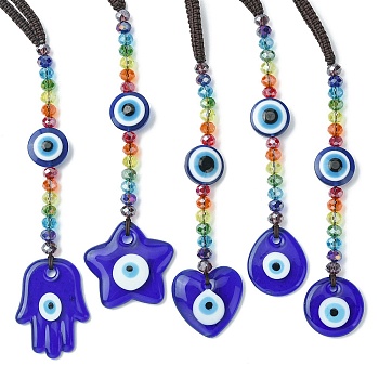Glass Beaded Pendant Decorations, with Evil Eye Lampwork and Nylon Thread Hanging Ornaments, Star/Teardrop/Heart/Flat Round/Hamsa Hand, Colorful, 192~210mm