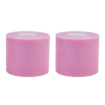 50 Yards Elastic Polyester Deco Mesh Ribbons, Tulle Fabric Roll for Hat, Skirts Decoration Making, Flamingo, 70mm, about 50.00 Yards(45.72m)/Roll