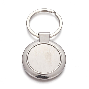 Zinc Alloy Keychain Cabochon Settings, with Iron Ring, Flat Round, Platinum, 71mm, Pendant: 44.5x37x4.5mm, Tray: 27.5mm, 1pc/box