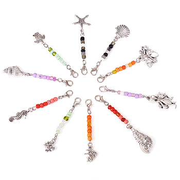 10Pcs 10 Styles Ocean Theme Alloy Pendant Decoration, with Zinc Alloy Lobster Claw Clasps and Glass Seed Beads, Antique Silver, 61~75mm, 1pc/style
