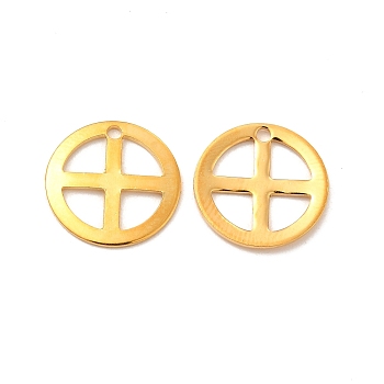 201 Stainless Steel Pendants, Flat Round with Cross Charm, Real 24K Gold Plated, 13mm, Hole: 1.2mm