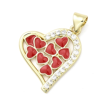 Brass Micro Pave Cubic Zirconia Pendants, Heart Charms, with Enamel, Cadmium Free & Lead Free, Rack Plating, Long-Lasting Plated, Real 18K Gold Plated, Red, 20x18.5x1.5mm, Hole: 3x4.2mm