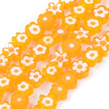 Handmade Millefiori Glass Bead Strands, Flower, Orange, 6.4~9x3.2mm, Hole: 1mm, about 56pcs/Strand, 15.75''(40cm)