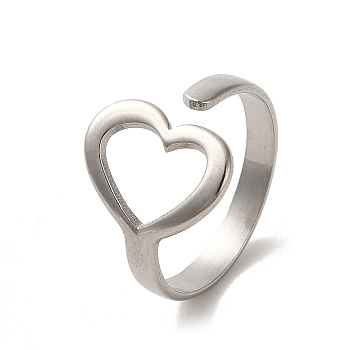 304 Stainless Steel Open Cuff Ring, Heart, Stainless Steel Color, Inner Diameter: 17.4mm