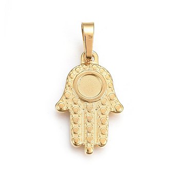 304 Stainless Steel Pendants, Cabochon Settings, Hamsa Hand/Hand of Miriam, Golden, 25x16x2mm, Hole: 5x8mm, Tray: 5mm.