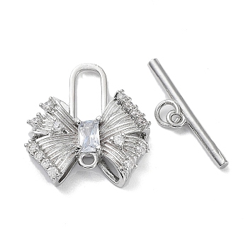 Brass Pave Clear Cubic Zirconia Toggle Clasps, with Glass, Bowknot, Real Platinum Plated, Bar: 4.5x21x2mm, Hole: 1.4mm, Bowknot: 20.5x19x5mm, hole: 1.5mm