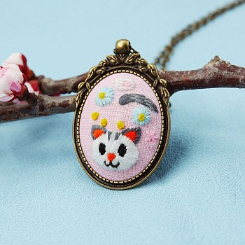 Cute Cat Handmade Pendant Necklace, Embroidery Sets, DIY Cartoon Embroidery Starter Creative Sweater Necklace Gift, Pink, 40x30mm