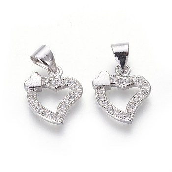 Brass Micro Pave Cubic Zirconia Charms, Lead Free & Cadmium Free, Clear, Heart, Platinum, 13x12x2mm, Hole: 3.5x5mm