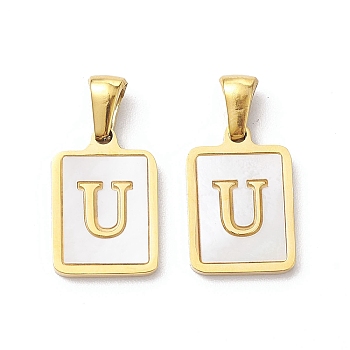 Ion Plating(IP) 304 Stainless Steel Pave Shell Pendants, Rectangle Charm, Real 18K Gold Plated, Letter U, 17.5x12x1.5mm, Hole: 3x5mm