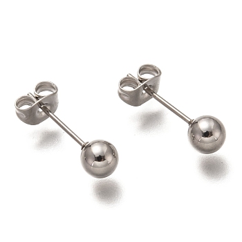 304 Stainless Steel Ball Stud Earrings, Round, Stainless Steel Color, 17x5mm, Pin: 0.7mm