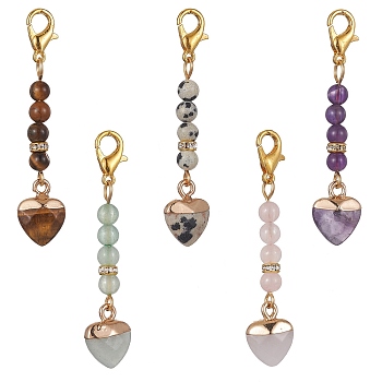 Heart & Round Gemstone Pendant Decoraiton, with Alloy Swivel Lobster Claw Clasps, 49mm