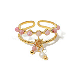 304 Stainless Steel and Imitation Pearl Pendant Cuff Open Rings for Women, with Pink Glass Beads, Star Shape, Golden, 18mm(WG61FA8-01)