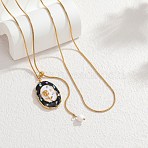 304 Stainless Steel Enamel Rose Flower Black Oval Pendant Round Snake Chain Lariat Necklaces for Women, Golden, 31.10 inch(79cm)(NJEW-A073-01G)