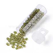 2-Hole Seed Beads, Czech Glass Beads, Transparent Baking Paint Style, Champagne Yellow, 5x3.5~3.8x2.5~2.8mm, Hole: 0.9mm, about 10g/bottle(SEED-R048-50230)