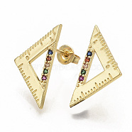 Brass Micro Pave Colorful Cubic Zirconia Stud Earrings, with Earring Backs, Triangle Ruler, Real 16K Gold Plated, 22x11.5mm, Pin: 0.7mm(EJEW-S208-036)