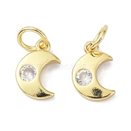 Brass Cubic Zirconia Charms, with Jump Ring, Long-Lasting Plated, Lead Free & Cadmium Free, Moon, Real 18K Gold Plated, 9.5x6.5x1.8mm(ZIRC-C022-20G)