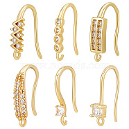 24Pcs 6 Style Rack Plating Brass Pave Cubic Zirconia Earring Hooks, Ear Wire with Loops, Lead Free & Cadmium Free, Real 18K Gold Plated, 15~17x1~4mm, Hole: 1~1.4mm, Pin: 0.7~1.1mm, 4Pcs/style(KK-BBC0012-31)