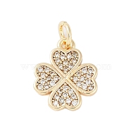 Rack Plating Brass Micro Pave Clear Cubic Zirconia Charms, with Jump Ring, Long-Lasting Plated, Lead Free & Cadmium Free, Four Leaf Clover, Real 18K Gold Plated, 13.5x11.5x1.5mm, Hole: 3mm(X-KK-Z060-13G)