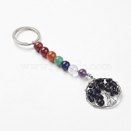 Gemstone and Natural Obsidian Chakra Keychain, with Alloy Key Rings and Brass Pendants, Ring with Tree of Life, Platinum, 123mm(KEYC-P037-A07)