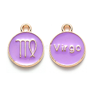 Alloy Enamel Pendants, Cadmium Free & Lead Free, Flat Round with Constellation, Light Gold, Medium Purple, Virgo, 15x12x2mm, Hole: 1.5mm(ENAM-S124-01B-01B)