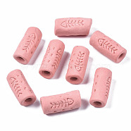 Handmade Porcelain European Beads, Large Hole Beads, Column with Fishbone, Pink, 10.5~12.5x24~27mm, Hole: 4mm(PORC-T006-49D)