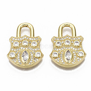 Brass Micro Pave Cubic Zirconia Pendants, Nickel Free, Lock, Real 16K Gold Plated, Clear, 23.5x17.5x3mm, Hole: 4x5mm(ZIRC-R110-012-NF)