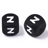 Food Grade Eco-Friendly Silicone Beads, Horizontal Hole, Chewing Beads For Teethers, DIY Nursing Necklaces Making, Cube, Black, Letter.Z, 12x12x12mm, Hole: 2mm(SIL-T055-Z)