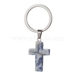 Natural Blue Spot Jasper Keychains, with 304 Stainless Steel Split Key Rings, Cross, 5.6cm, Cross: 37.5x18x5.5mm(KEYC-JKC00729-02)