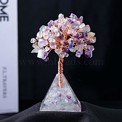 Natural Fluorite Chips Tree Decorations, Resin Pyramid Base with Gemstone Chip, Copper Wire, Feng Shui Energy Stone Gift for Home Office Desktop Decorations, 95x40mm(PW-WG80578-09)