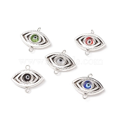 Handmade Evil Eye Lampwork Round Bead Connector Charm, with Tibetan Style Alloy and Iron Findings, Antique Silver & Platinum, Mixed Color, 18~19x21x4~4.5mm, Hole: 2mm(PALLOY-JF01781)