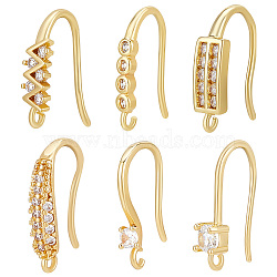 24Pcs 6 Style Rack Plating Brass Pave Cubic Zirconia Earring Hooks, Ear Wire with Loops, Lead Free & Cadmium Free, Real 18K Gold Plated, 15~17x1~4mm, Hole: 1~1.4mm, Pin: 0.7~1.1mm, 4Pcs/style(KK-BBC0012-31)