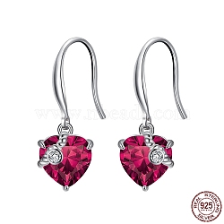 Cubic Zirconia Heart Dangle Earrings, Real Platinum Plated Rhodium Plated 925 Sterling Silver Earrings for Women, Medium Violet Red, 26mm(EJEW-P231-46P-07)