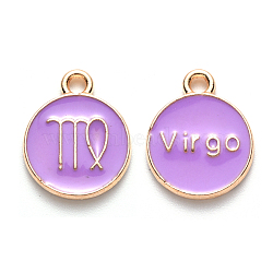 Alloy Enamel Pendants, Cadmium Free & Lead Free, Flat Round with Constellation, Light Gold, Medium Purple, Virgo, 15x12x2mm, Hole: 1.5mm(ENAM-S124-01B-01B)