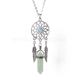 Platinum Aolly Web with Feather Shape Alloy Pendant Necklace, Natural Green Aventurine Bullet Necklace, 17.72 inch(45cm)(PW-WG42683-05)