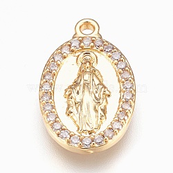 Brass Pendants, with Cubic Zirconia, Lead Free & Cadmium Free & Nickel Free, Long-Lasting Plated, Oval with Virgin Mary, Clear, Golden, 21.5x13x3mm, Hole: 1.2mm(KK-P150-09G-04)