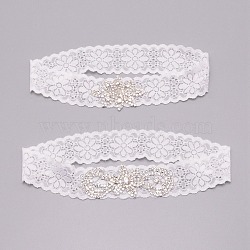 Lace Elastic Bridal Garters, with Rhinestone and Flower Pattern, Wedding Garment Accessories, White, 1-1/8 inch(30mm), 2pcs/set(OCOR-WH0020-09)