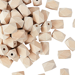 Olycraft Unfinished Natural Wood Beads, Faceted, Polygon, Vacuum Packaging, BurlyWood, 21.5x15~20mm, Hole: 4mm, 100pcs/set(WOOD-OC0001-24)