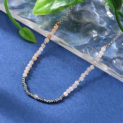 Faceted Round Natural Sunstone Beaded Necklaces, 304 Stainless Steel Chains Necklaces for Women, Stainless Steel Color, 14.84 inch(37.7cm)(NJEW-A045-05P)