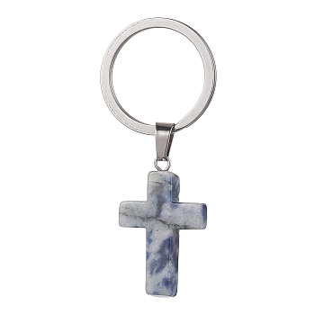 Natural Blue Spot Jasper Keychains, with 304 Stainless Steel Split Key Rings, Cross, 5.6cm, Cross: 37.5x18x5.5mm